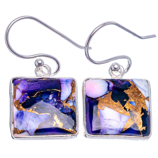 Sterling silver drop earrings with two purple-blue resin square charms and gold flecks