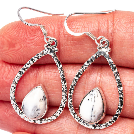 Sterling silver teardrop earrings with white dendritic opal drops and fishhook backs