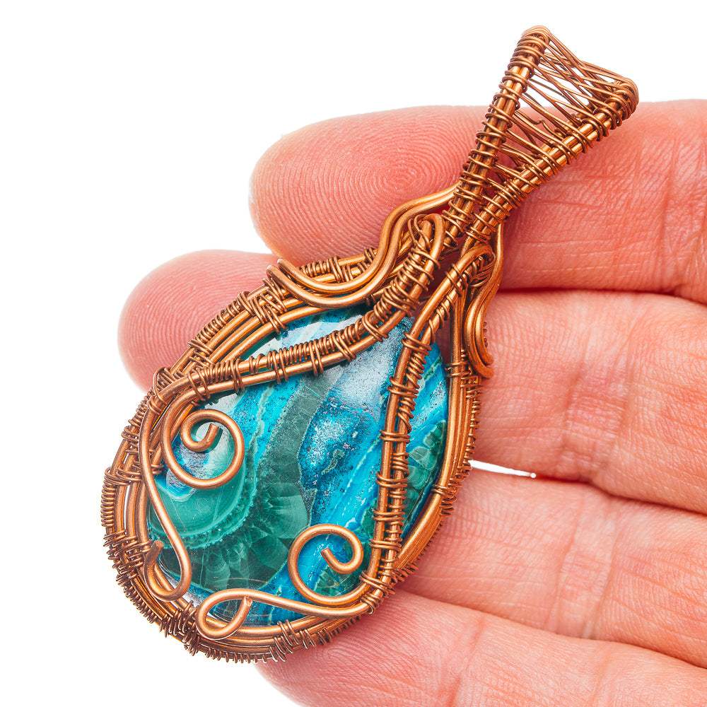 Malachite In Chrysocolla Wire Wrap Pendant 2 1/2" (Copper)
