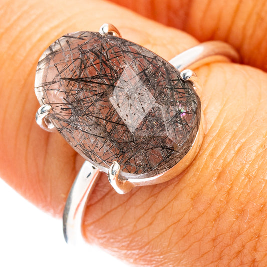 Size 8 sterling silver oval tourmalinated quartz ring with four prongs