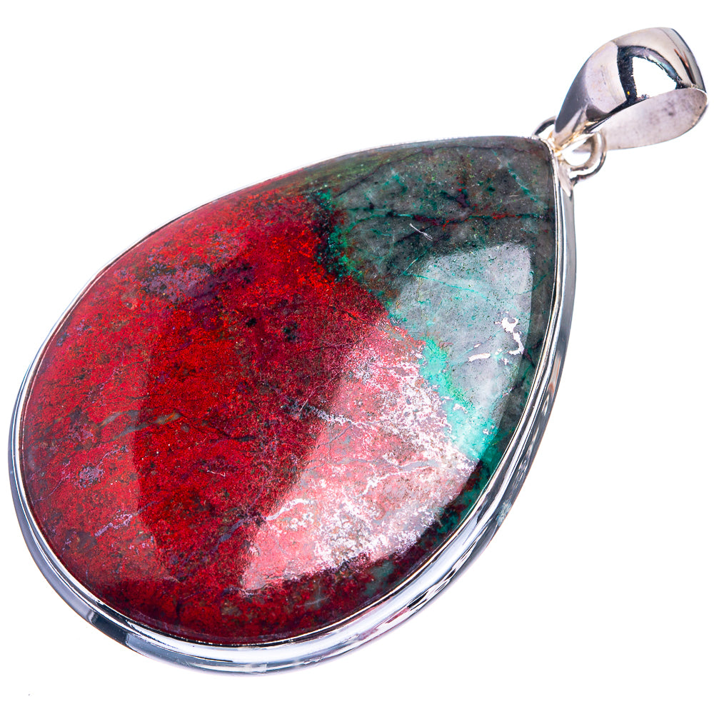 Sterling silver teardrop pendant with red, green and teal marbled gemstone surface