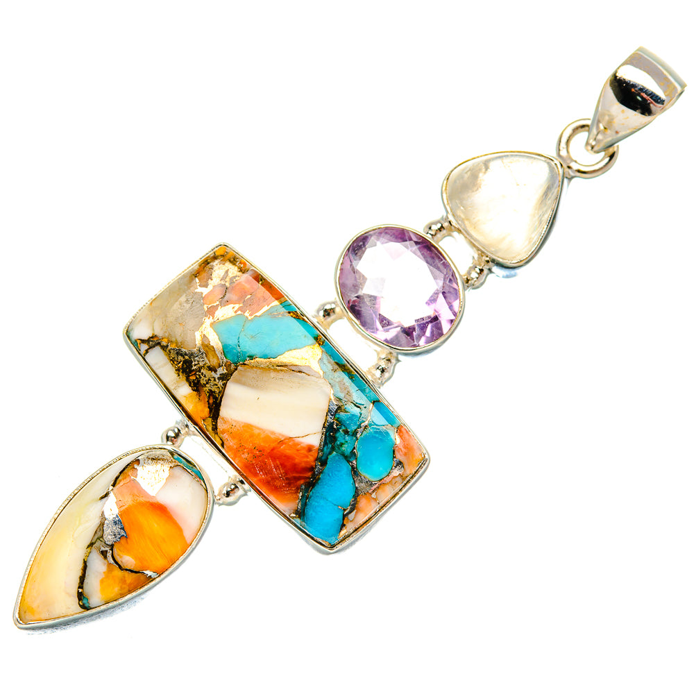 Spiny Oyster Turquoise, Amethyst, Rainbow Moonstone Pendant 2 3/4" (925 Sterling Silver) PD37911