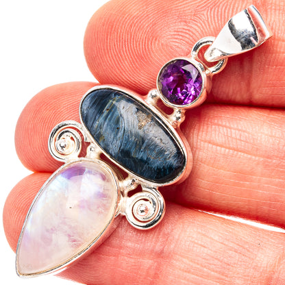 Premium Pietersite, Rainbow Moonstone, Amethyst Pendant 1 7/8" (.925 Sterling Silver)