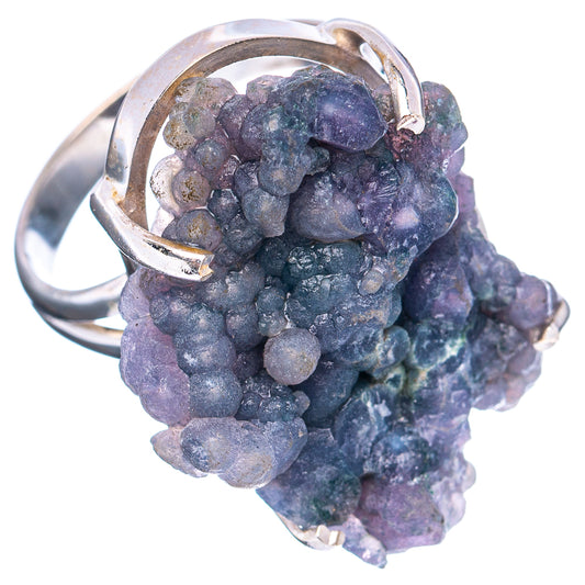 Sterling silver ring with druzy grape agate cluster, deep purple-blue stone in prong setting