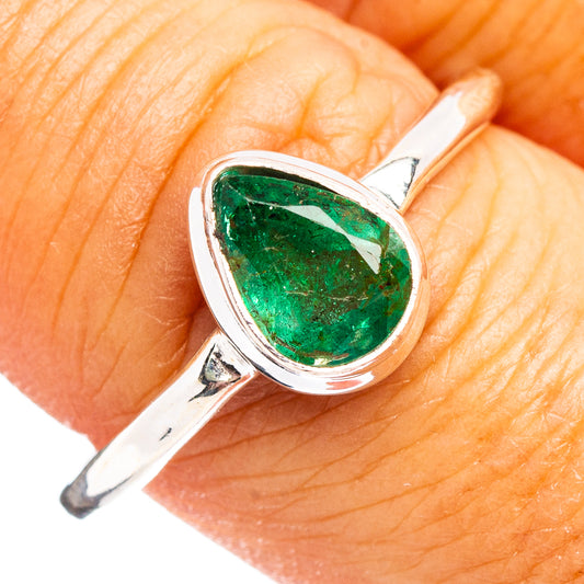 Teardrop green emerald cabochon sterling silver ring on hand