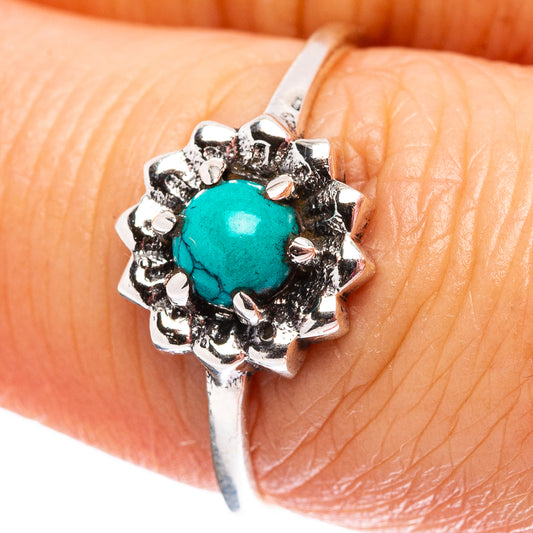 Size 8 turquoise cabochon dainty sterling silver ring with small stone halo