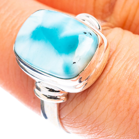Larimar gemstone ring in .925 sterling silver, oval blue stone bezel setting