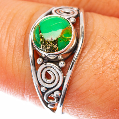 Sterling silver dainty ring with oval green turquoise cabochon and ornate openwork