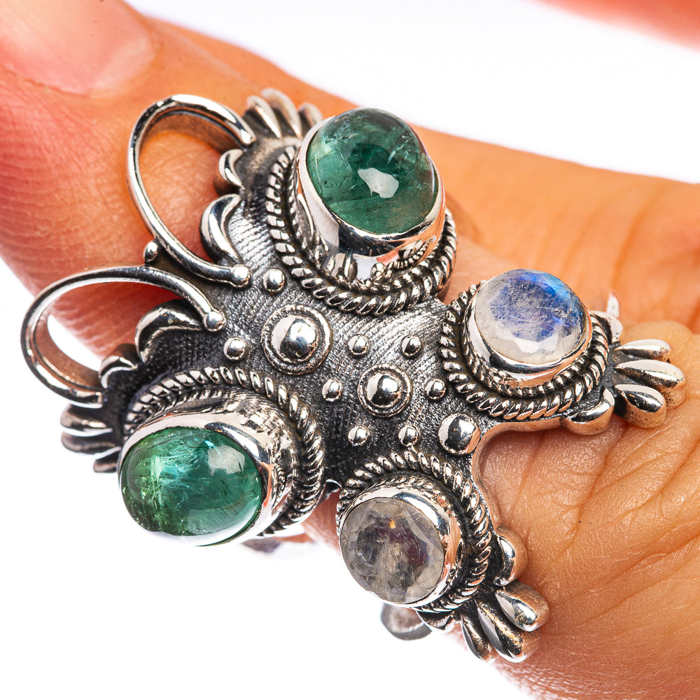 Large Green Tourmaline, Rainbow Moonstone 925 Sterling Silver Ring Size 6