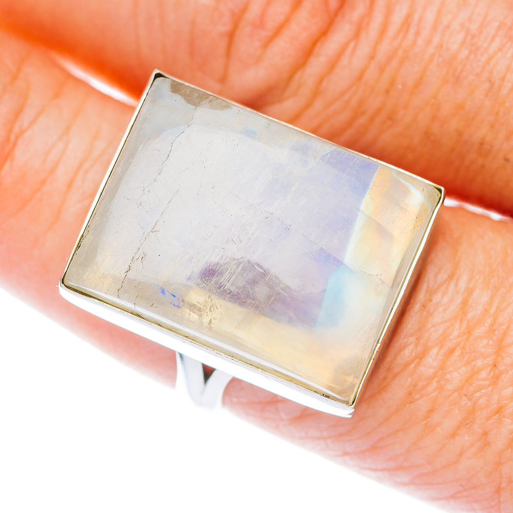 Sterling silver rectangular moonstone ring with rainbow iridescence, size 8.75
