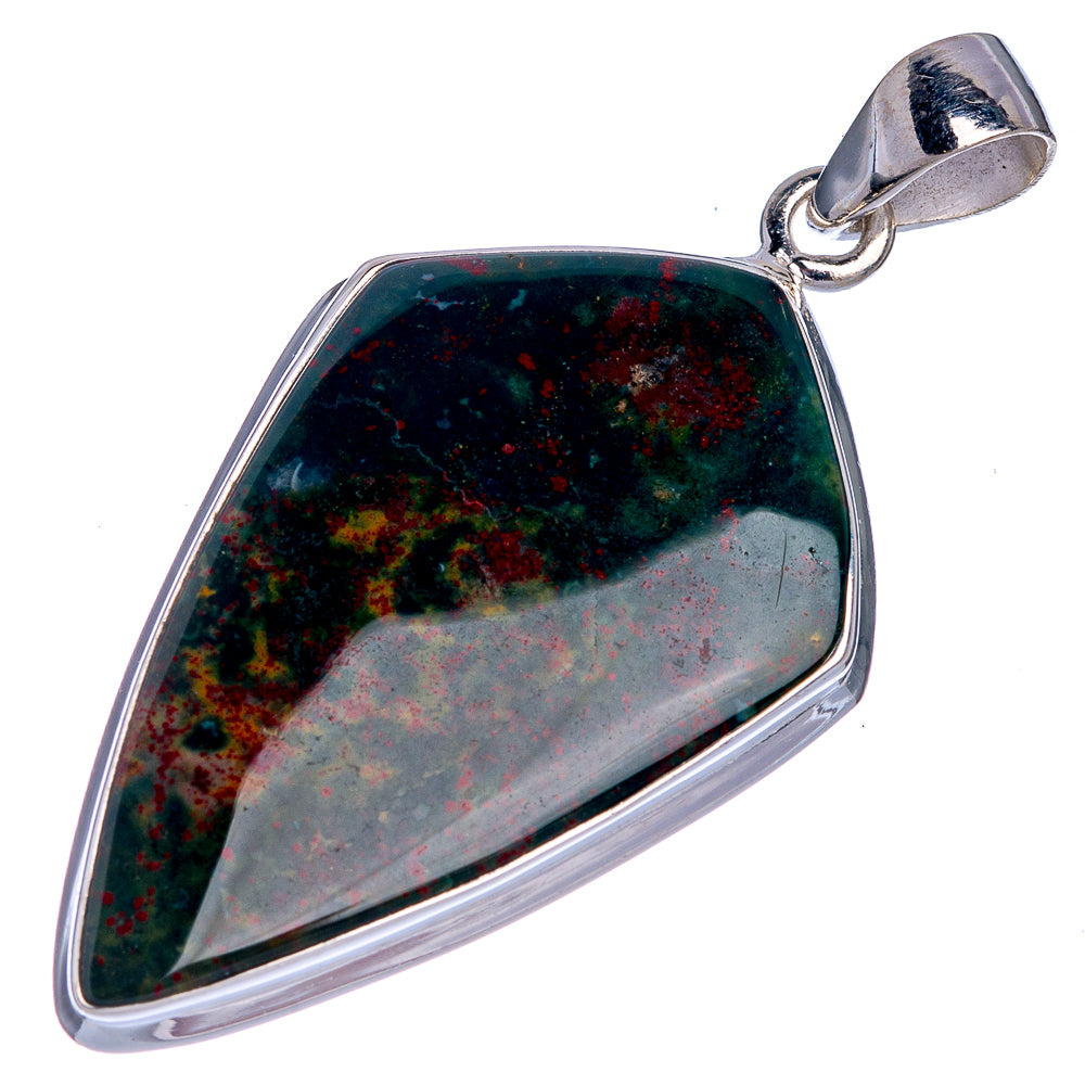 Bloodstone pendant with green/red speckled teardrop stone, silver bail and bezel