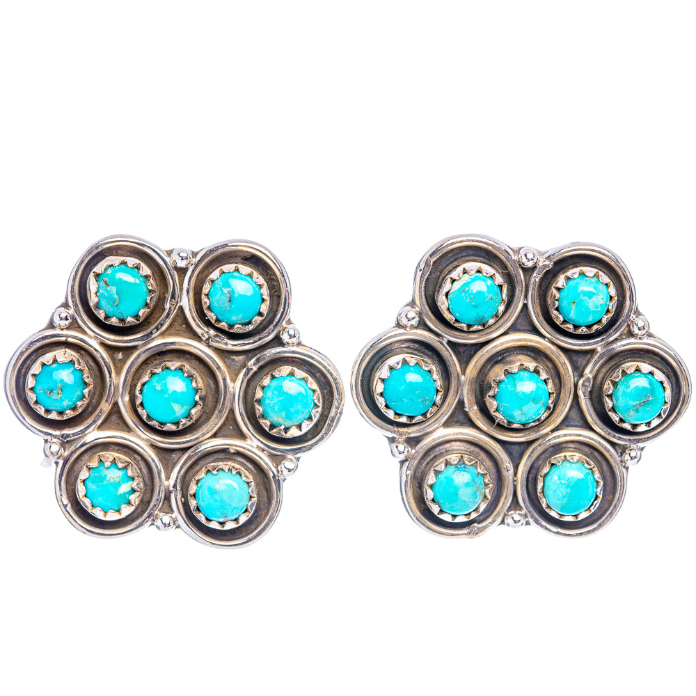 Turquoise stone cluster stud earrings, 925 sterling silver, round bezel setting