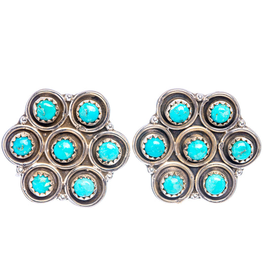 Turquoise stone cluster stud earrings, 925 sterling silver, round bezel setting