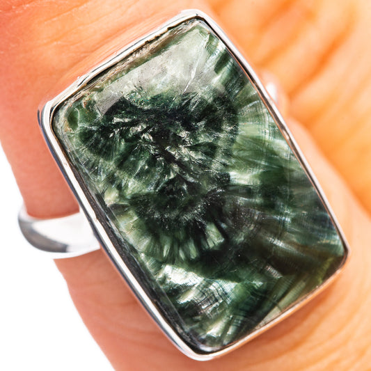 Sterling silver ring, size 7, rectangular green seraphinite cabochon bezel setting