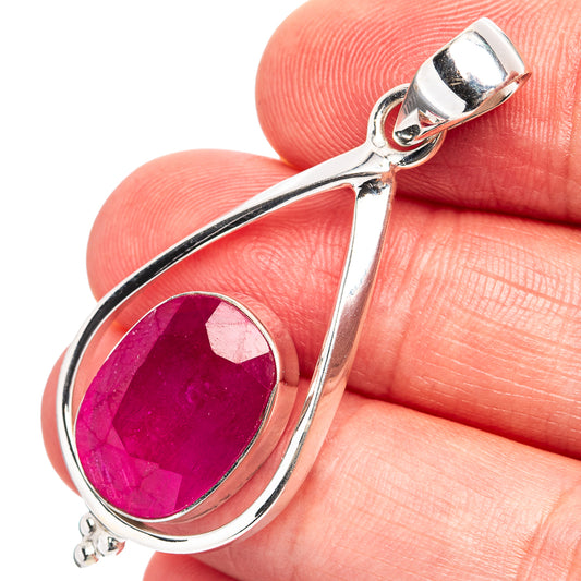 Teardrop ruby glass pendant in .925 sterling silver, oval faceted gemstone setting