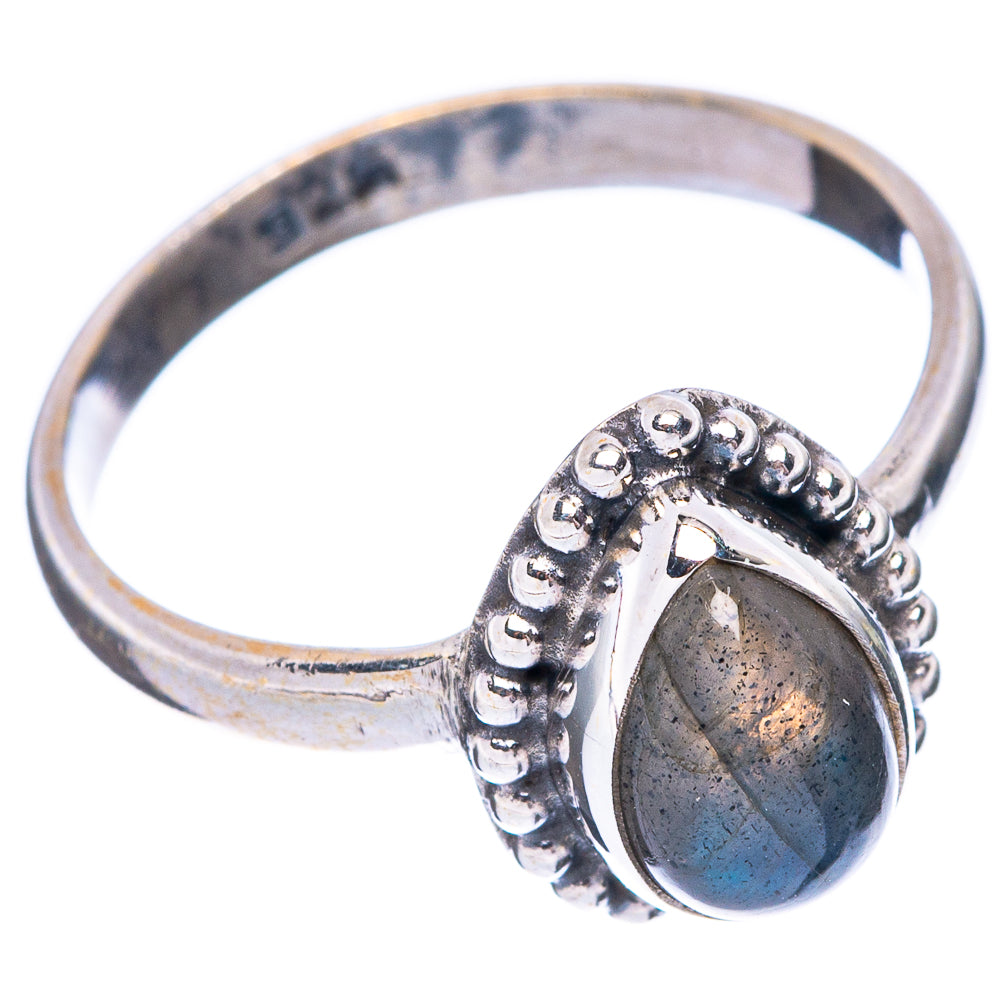 Sterling silver labradorite ring with blue teardrop stone, beaded setting, size 7