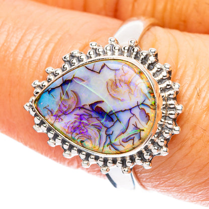 Sterling silver oval opal ring with prong halo, iridescent blue purple stone