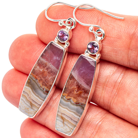 Amethyst agate drop earrings, .925 sterling silver with rectangular purple gemstone