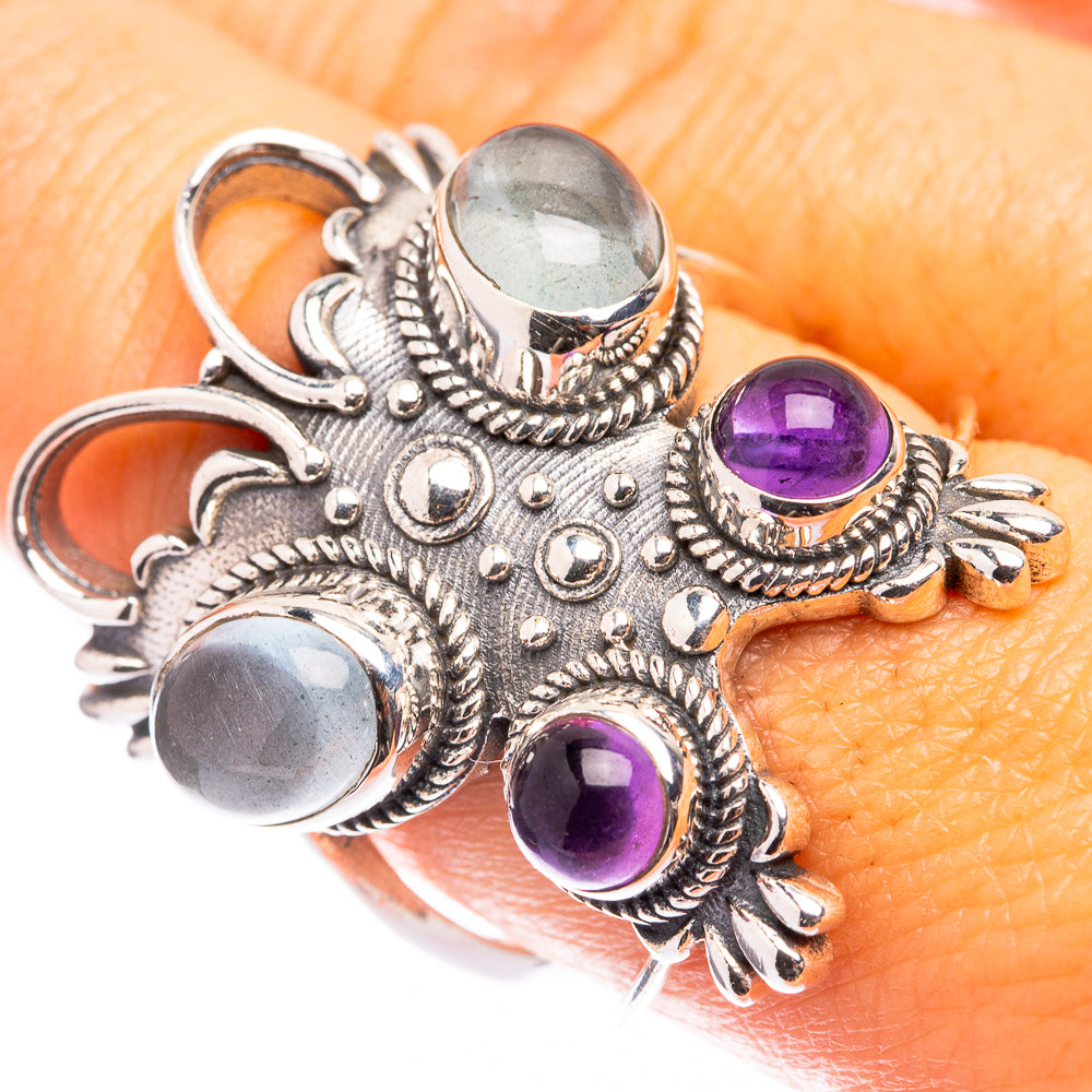 925 sterling silver statement ring with aquamarine and three amethyst cabochons, size 8.5
