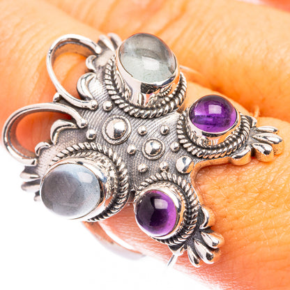 925 sterling silver statement ring with aquamarine and three amethyst cabochons, size 8.5