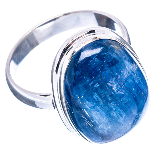 Sterling silver ring with oval blue kyanite cabochon, raised bezel, size 9.