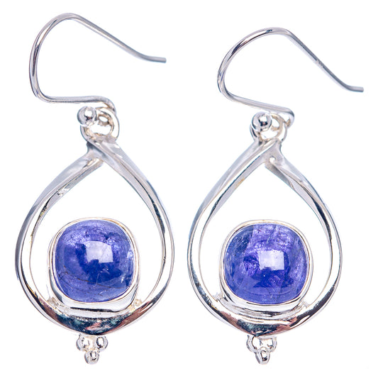 Sterling silver teardrop earrings with blue tanzanite cabochon and fishhook backs