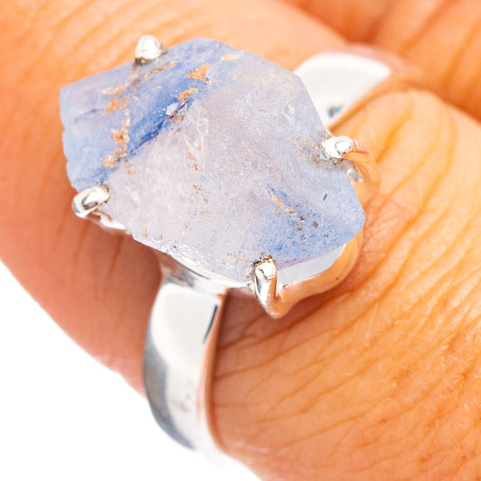 Sterling silver ring with large light-blue dumortierite quartz stone, prong setting