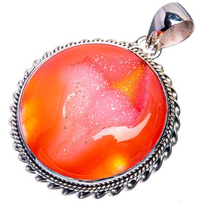 Orange Druzy 925 Sterling Silver Pendant 1 3/4"