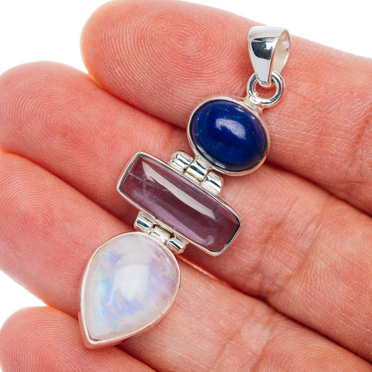 Premium Rainbow Moonstone, Amethyst, Lapis Lazuli Pendant 2" (.925 Sterling Silver)