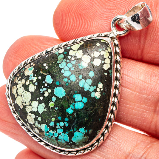 Sterling silver turquoise mosaic teardrop pendant with braided bezel and loop bail