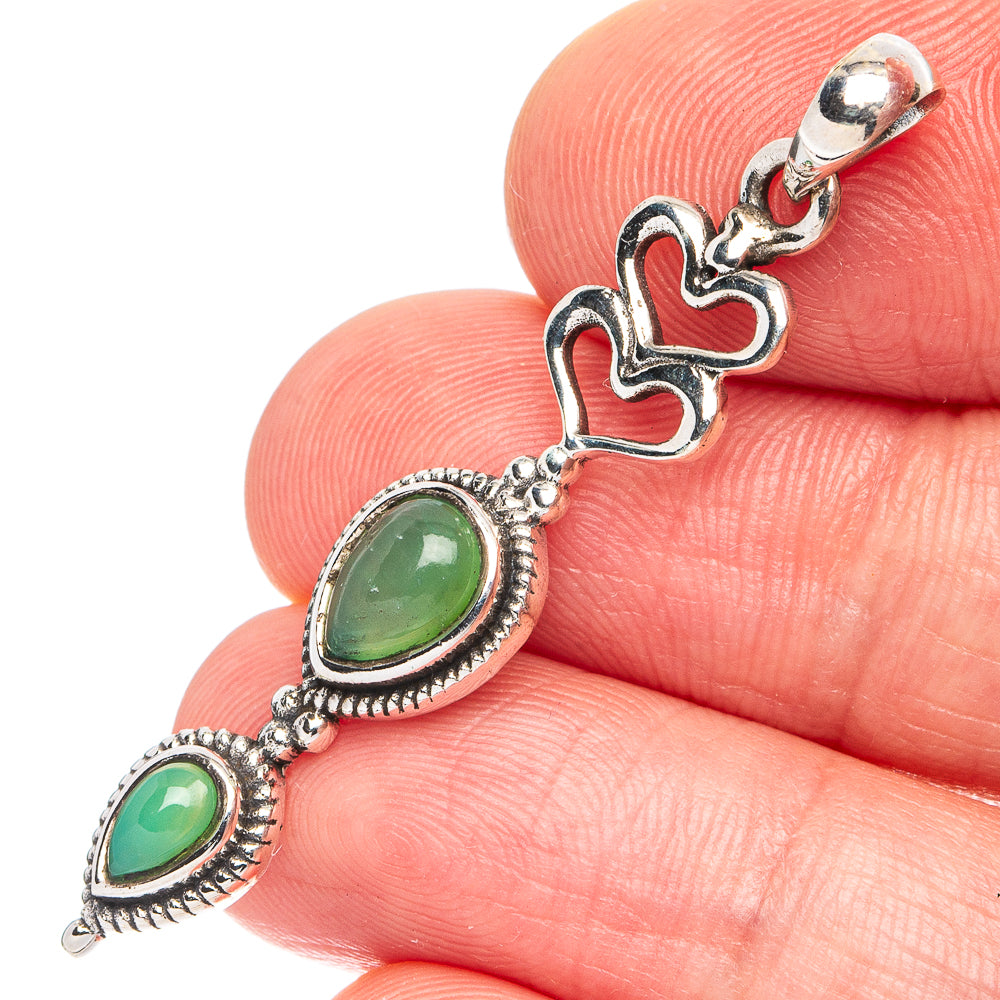 Chrysoprase heart pendant in 925 sterling silver with two green stones