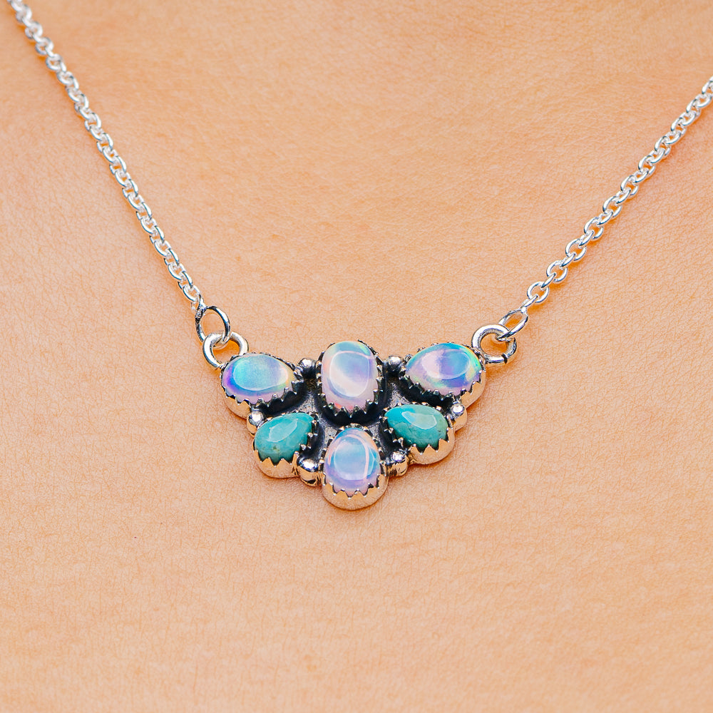 Southwestern Style Aurora Opal, Mohave Turquoise Necklace 17 to 19" (.925 Sterling Silver)
