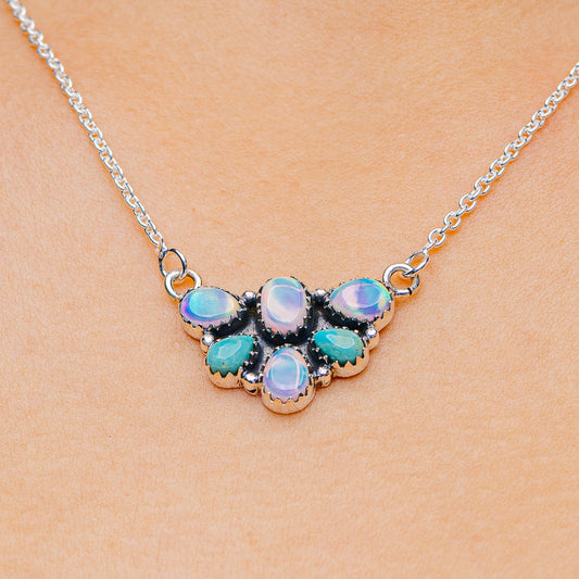 Southwestern Style Aurora Opal, Mohave Turquoise Necklace 17 to 19" (.925 Sterling Silver)