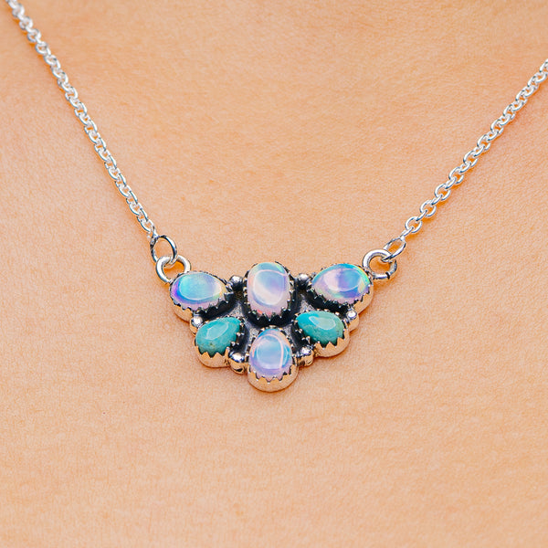 Southwestern Style Aurora Opal, Mohave Turquoise Necklace 17 to 19" (.925 Sterling Silver)