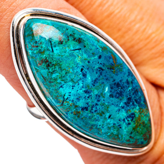 Oval shattuckite cabochon sterling silver ring, turquoise blue stone, size 8.75