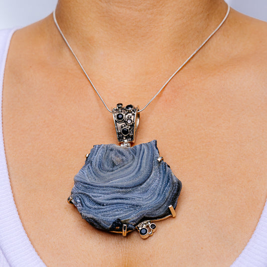Sterling silver druzy desert rose pendant with blue stone, ornate bezel settings
