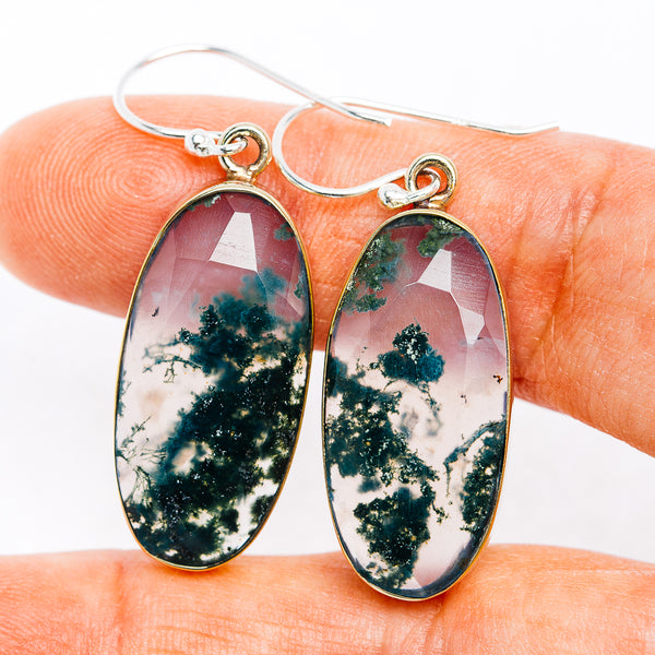 Oval moss agate drop earrings with silver-tone frames and loop hooks