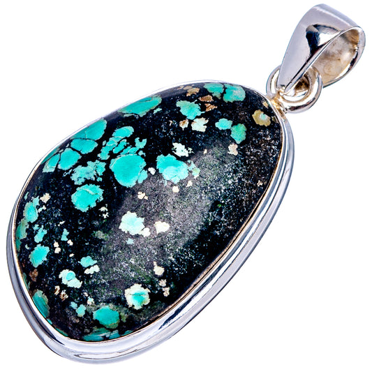 Turquoise and black stone teardrop pendant with sterling silver bezel and loop bail