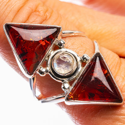 Large Baltic Amber, Rainbow Moonstone Ring Size 9.75 (925 Sterling Silver) R142318
