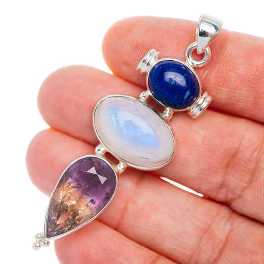 Premium Rainbow Moonstone, Ametrine, Lapis Lazuli Pendant 2 3/8" (.925 Sterling Silver)