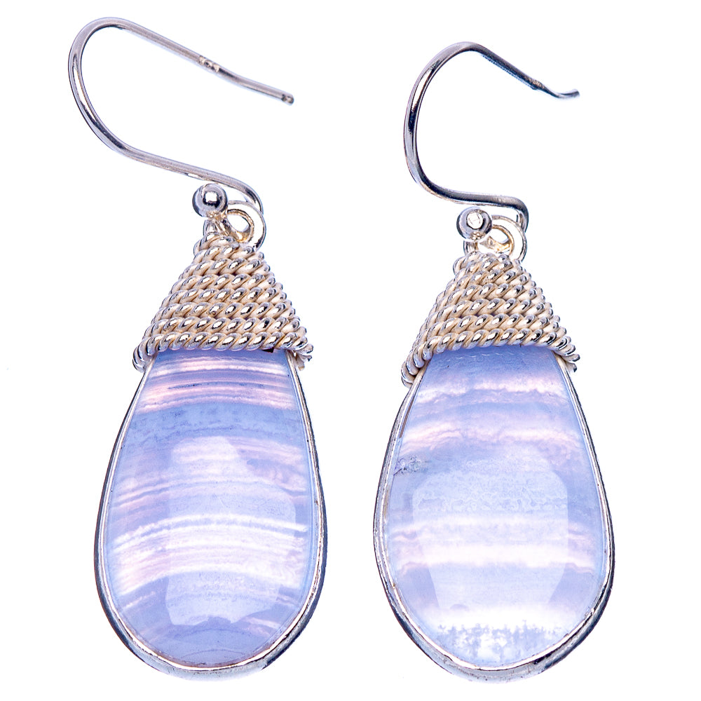 Sterling silver lace agate teardrop drop earrings, blue-purple marbled stones