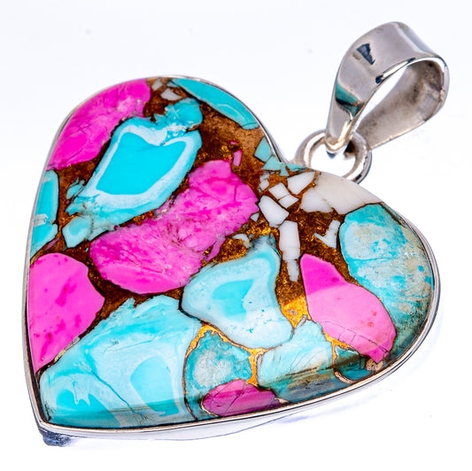 Premium Cotton Candy Dahlia Turquoise Heart Pendant 1 3/8" (.925 Sterling Silver)