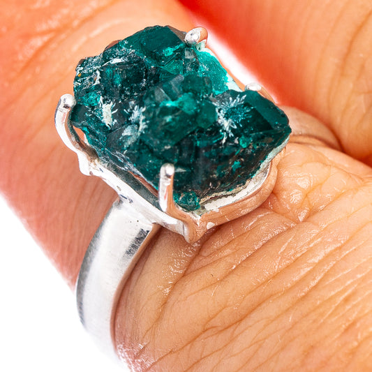 Sterling silver ring with rough green dioptase cluster, prong-set on tapered band