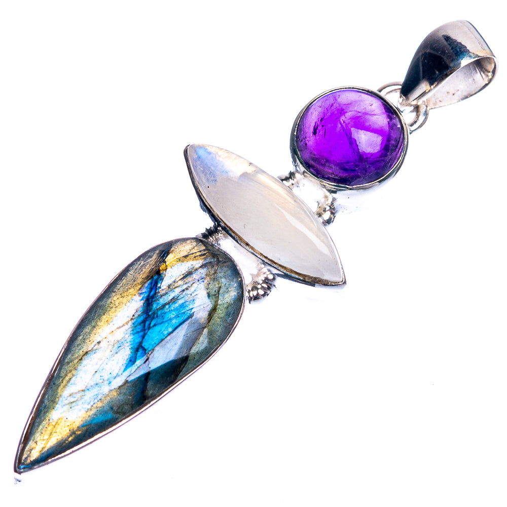 Labradorite, Rainbow Moonstone, Amethyst 925 Sterling Silver Pendant 2 1/4"