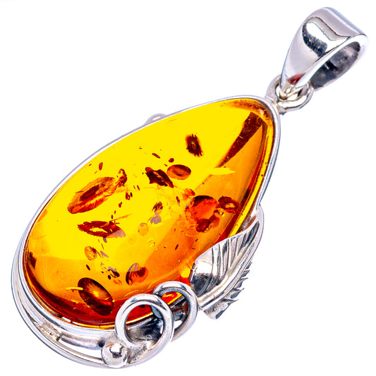 Amber leaf pendant in .925 sterling silver with yellow teardrop Baltic amber