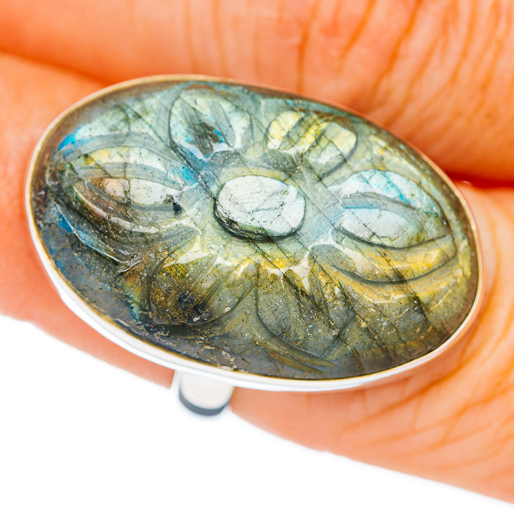 Premium Hand Carved Labradorite Ring Size 6.25 Adjustable (.925 Sterling Silver)