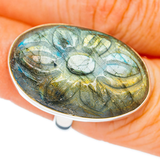 Premium Hand Carved Labradorite Ring Size 6.25 Adjustable (.925 Sterling Silver)