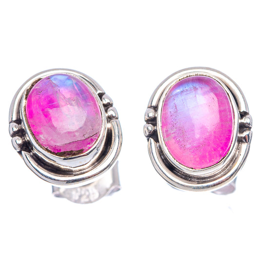 Pair of oval pink gemstone stud earrings in sterling silver circular setting