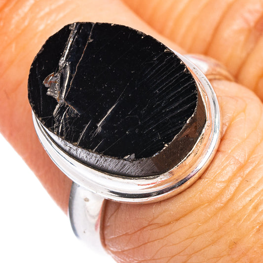 Shungite ring with round black cabochon and .925 sterling silver band, size 7