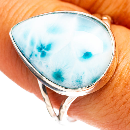 Oval larimar cabochon ring in .925 sterling silver, blue stone on silver band